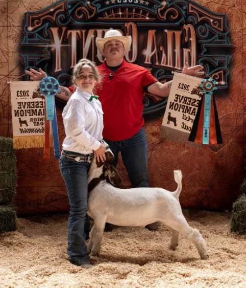 Lorelei Cooper in a white button down shirt holding the head of her show lamb. 